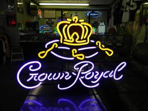 lot 13 image: AWESOME CROWN ROYAL NEON LIGHT - PURPLE & GOLD - APPROX 26 BY 18 - SEE PICTURES
