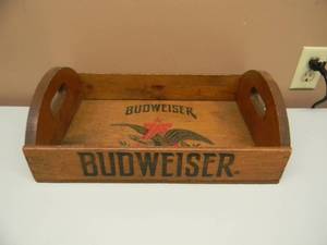 lot 21 image: VINTAGE BUDWEISER BEER WOODEN SERVING TRAY - RARE - APPROX 18 BY 12 - NICE - SEE PICTURES