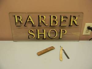 lot 23 image: ANTIQUEVINTAGE BARBER COLLECTION - Vintage Dubl Duck Dwarf Straight Razor Solingen Germany WITH CASE - VINTAGE ORNATE STRAIGHT RAZOR - & VINTAGE BARBER SHOP GLASS SIGN APPROX 24 BY 10 - SEE PICTURES