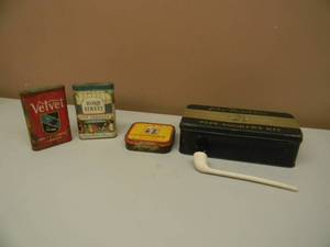 lot 33 image: VINTAGE COLLECTION OF PIPE TOBACCO TINS & MORE - TROOST, VELVET, BOND STREET, JOHN MIDDLETONS & CERAMIC PIPE - SEE PICTURES