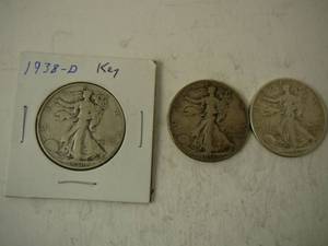 lot 105 image: 3- Walking Liberty Half Dollars 1936d, 1942, 1938d
