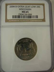 lot 123 image: 2004d Extra Leaf Low 25C  Wisconsin NGC MS65