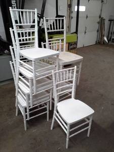 lot 110 image: Lot of (Approximately 8) Drake Corp. 36in. White Stackable Plastic Banquet Chairs, Wood Banquet Chair