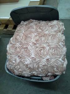 lot 138 image: Lot of (5) Blush PinkRose Gold Satin Rosette Tablecloths 120in. Round
