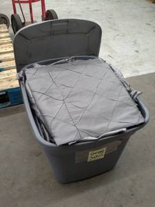 lot 144 image: Lot of (24) Charcoal Gray Pintuck Taffeta Tablecloths 120in. Round