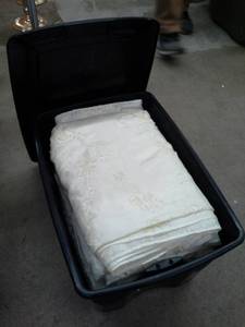 lot 154 image: Lot of (8) Ivory Ribbon Taffeta Tablecloths