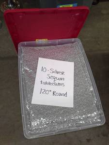lot 116 image: Lot of (10) Silver Sequin Tablecloths 120in. Round