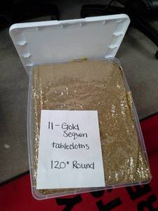 lot 304 image: Lot of (11) Gold Sequin Tablecloths 120in. Round