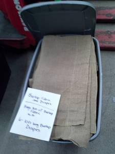 lot 308 image: Lot of (6) Burlap Drapes 10ft. And Huge Tub Of Fabric