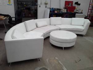 lot 318 image: 3-Piece White Leather Semi-Circle Sectional Sofa with Round Stool