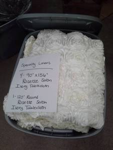 lot 336 image: Lot of (5) Rosette Satin Ivory Tablecloth Specialty Linens