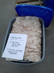 lot 339 image: Lot of (4) Petal BlushChampagne Rosette Satin Ivory Tablecloth Specialty Linens