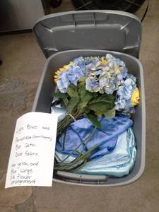 lot 347 image: Light Blue and Periwinkle (Cornflower) Blue Satin Dcor Fabric with Yellow and Blue Large Silk Flower Arrangment