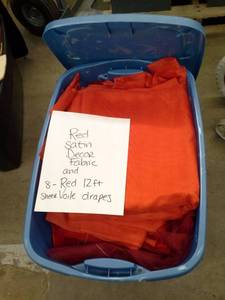 lot 361 image: Lot of (9) Red Satin Dcor Fabric and Sheer Voile Drapes