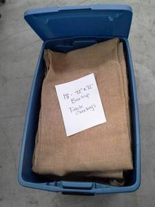 lot 359 image: Lot of (18) Burlap Table Overlays 72x72in.