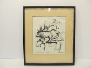 lot 54 image: Vintage WALLY SHOOP Signed Numbered Woodcut Print - Timberwolves 