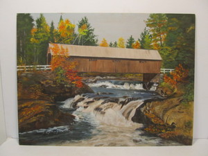 lot 55 image: Vintage Signed Oil on Panel Covered Bridge Over River Scene
