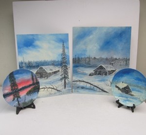lot 68 image: 2 Vintage Hand Painted Plates & 2 Paintings - All signed Mertens