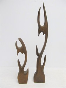 lot 94 image: 2 Vintage Mid Century Freeform Carved Wood Sculptures