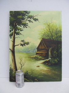 lot 69 image: Vintage Signed Oil on Canvas Cabin wWatermill Painting by Harvey Skinner