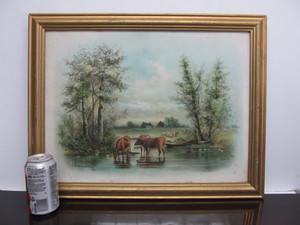 lot 109 image: Antique Framed Chromolithograph Farm Scene - Cattle at Watering Hole