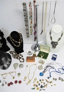 lot 8 image: Large Estate Lot of Vintage Costume Jewelry, Smalls, Pins, Pocket Watch etc  - Includes Some Gold and Sterling Silver 