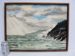 lot 110 image: Vintage Framed Signed Seascape Shoreline Oil Painting