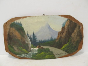 lot 192 image: Old Vintage Western Landscape Painting on Log - McDonald Creek