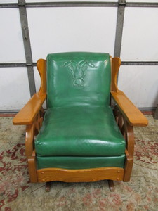 lot 2 image: Excellent Vintage Western Oak Wagon Wheel Ranch GliderRocker Chair wSteer Head Design