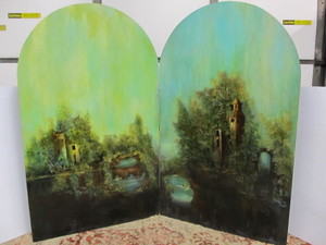 lot 209 image: LARGE Vintage Painted Double Wood Panel Room Divider Screen - Hide & Seek