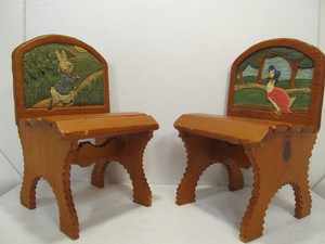 lot 228 image: Pair of Signed Hand Carved & Painted Folk Art Childs Fairytale Chairs