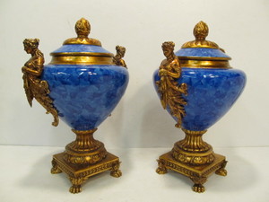 lot 238 image: Large Matching Pair of Gold & Cobalt Blue Decorative Neoclassical Urns