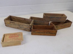 lot 5 image: 6 Wooden Cheese and Codfish Boxes