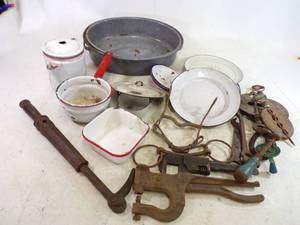 lot 61 image: Enamel Ware, Tools, Nail Puller and more