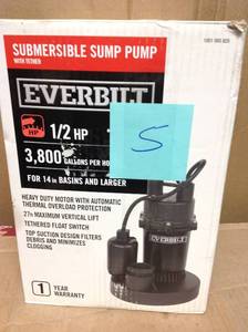 lot 5 image: Everbilt 12 HP Submersible Sump Pump with Tether in good condition