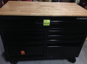 lot 202 image: Husky 46 in. W 9-Drawer, Deep Tool Chest Mobile Workbench in Black with Hardwood Top in good conditions