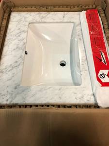 lot 207 image: Home Decorators Collection Paige 24 in. W x 22 in. D Bath Vanity in White with Marble Vanity Top in Carrara White not used