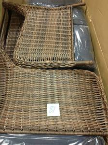 lot 81 image: Cambridge Brown Wicker Outdoor Patio Sofa with Standard Midnight Navy Blue Cushions not used