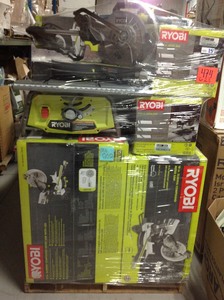 lot 202 image: Pallet with assorted Ryobi workshop tools includes table saws, miter saws, tiles saws.. customer returns