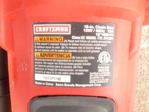 lot 10 image: Craftsman 18 Electric Chainsaw. Tested & works. Appears nearly new. As Shown. SEE TERMS