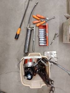lot 888 image: Misc. Bucket of Tools. SK Sockets, Grease Gun, Chisels and Prybar and more.