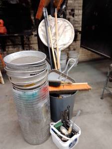 lot 1132 image: Variety of Shop Bucket of tools, dustpan, Trash cans, Shop Brooms, Nets and more.