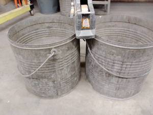 lot 1134 image: Vintage Feed Buckets with handles (2) and scotch tape dispenser