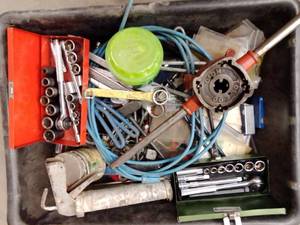 lot 1400 image: Misc. Tools sockets sets, wrenches, misc. welding and pulley pullers.