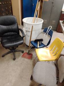 lot 1406 image: Rolling Trash Can, Chairs (4) Shop Brooms, Shop dustpan and more