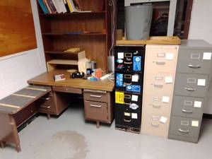 lot 1407 image: 4 Drawer Steel File Cabinets (3) Desk and more.