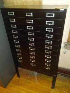 lot 1283 image: Vintage Metal Storage Cabinet, 33 Drawer, Cole, 53.5 x 30.5 x 12in. on legs, Excellent.