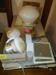lot 1291 image: Vintage Table and Light Globes and more. Master Locker Locks.