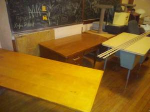 lot 1292 image: Vintage Tables, Desks, Overhead Projectors, Podium, ballot box, door closures and more. HUGE LOT