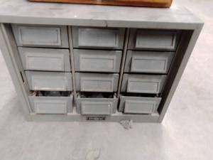 lot 1217 image: Vintage Address O Graph Metal 12 drawer cabinet (17 x 23 x 13 in.) and 4 draw wood with contents